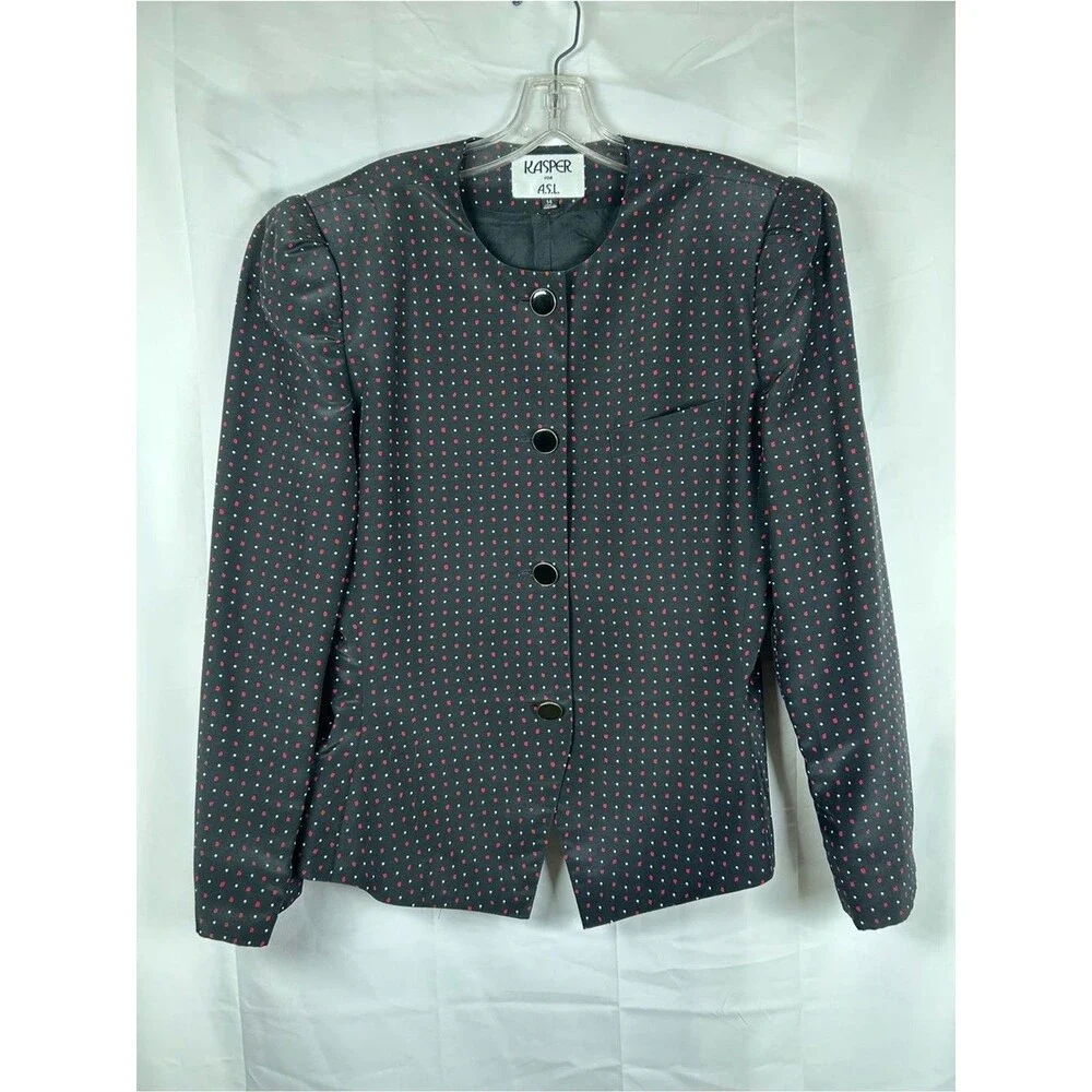 Kasper ASL Vintage Polka Dot Skirt Suit Size 14 Black Red Career Boss Lady